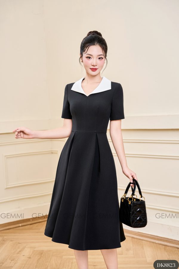 Đầm xòe đen cổ vest trắng thanh lịch GEMMI, DK8823 - Ảnh 3