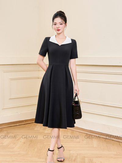 Đầm xòe đen cổ vest trắng thanh lịch GEMMI, DK8823