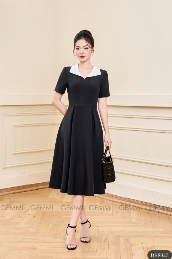 Đầm xòe đen cổ vest trắng thanh lịch GEMMI, DK8823