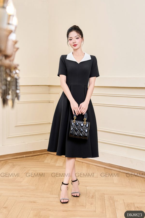 Đầm xòe đen cổ vest trắng thanh lịch GEMMI, DK8823 - Ảnh 2