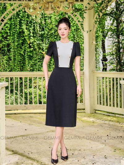 Đầm công sở midi đen phối trắng kèm charm GEMMI, DK8816