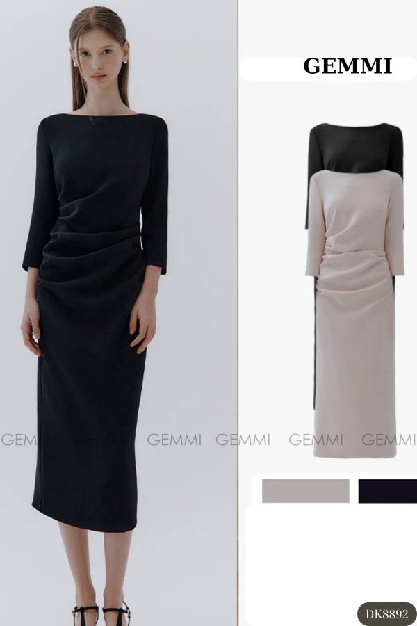 Đầm midi tay dài cổ thuyền xếp ly eo GEMMI, DK8892 - Ảnh 2