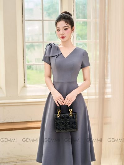 Đầm công sở, dự tiệc dáng xòe cổ V nơ vai GEMMI, DK8849