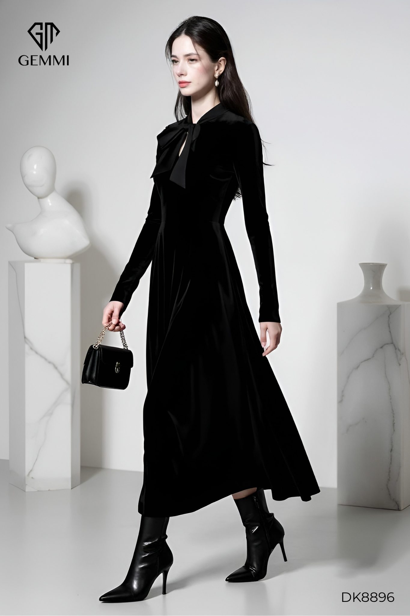 Đầm dáng xòe phối cổ nơ cổ điển GEMMI, DK8896 - Ảnh 2