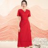 Đầm công sở nữ 2 màu đỏ đen eo xếp ly lệch GEMMI, DK8736