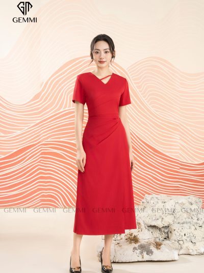 Đầm công sở nữ 2 màu đỏ đen eo xếp ly lệch GEMMI, DK8736