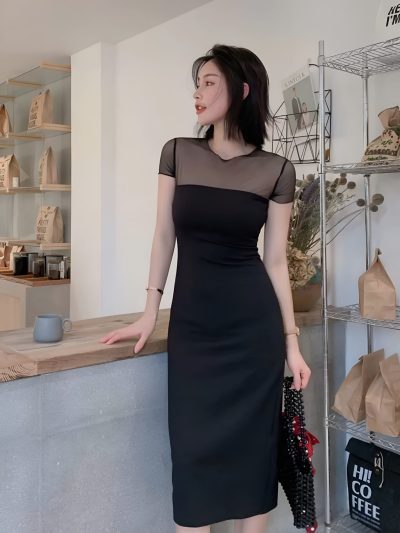 Đầm Đen Ôm Body Phối Lưới Ngực Tay Ngắn Quyến Rũ, DK8911