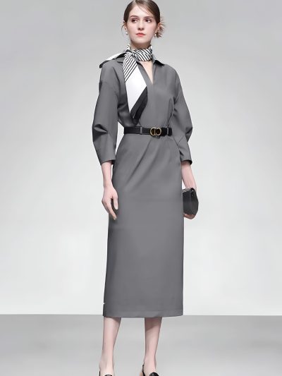 Đầm Xám Midi Grey Dress, DK8905 (không kèm khăn và thắt lưng)
