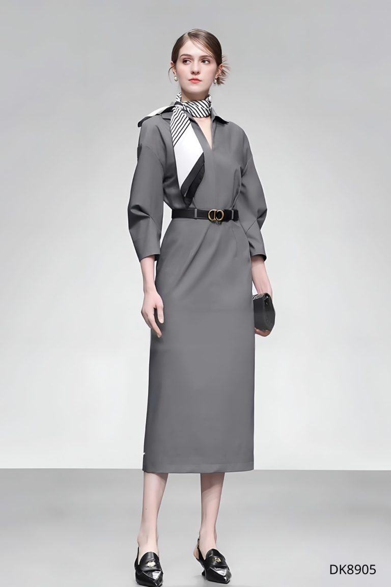Đầm Xám Midi Grey Dress, DK8905 (không kèm khăn và thắt lưng)