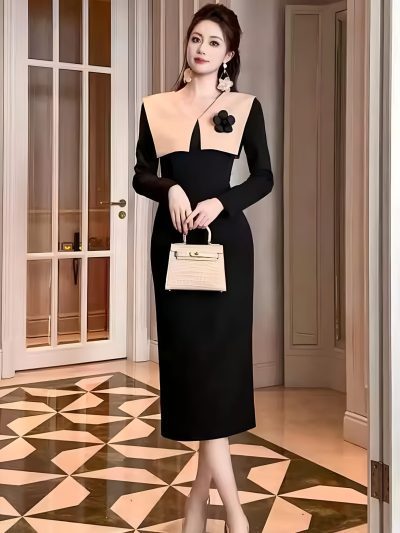 Đầm Thiết Kế Cao Cấp Dáng Midi Cổ Chữ V Tay Dài GEMMI, DK8910