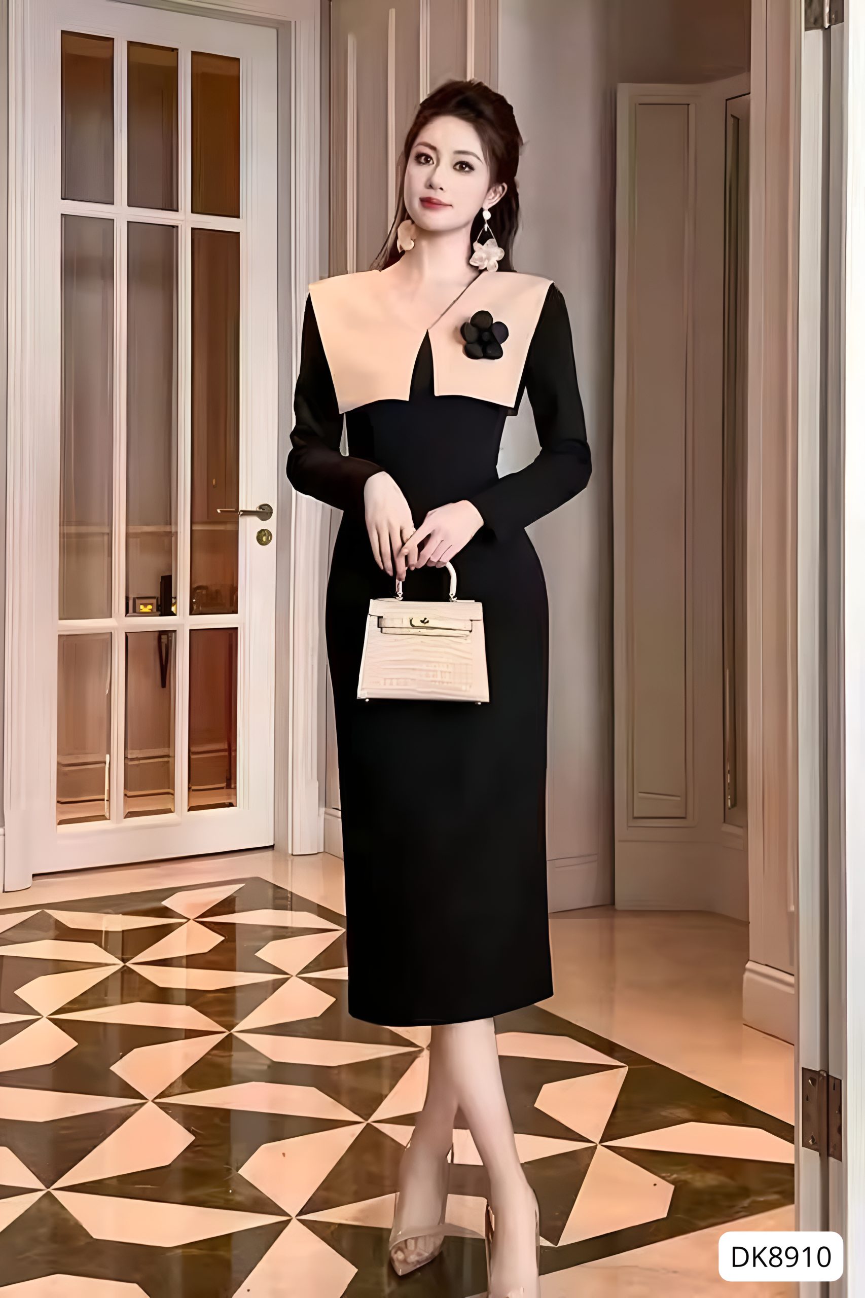 Đầm Thiết Kế Cao Cấp Dáng Midi Cổ Chữ V Tay Dài GEMMI, DK8910
