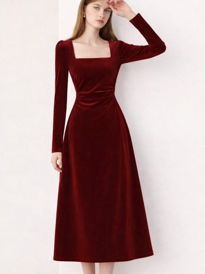 Đầm Nhung Dự Tiệc Cổ Vuông Dáng Midi Tay Dài Sang Trọng GEMMI, DK8898