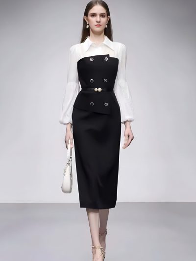 Đầm công sở phối cổ trắng tay cách điệu thanh lịch GEMMI, DK8897 (không kèm đai)