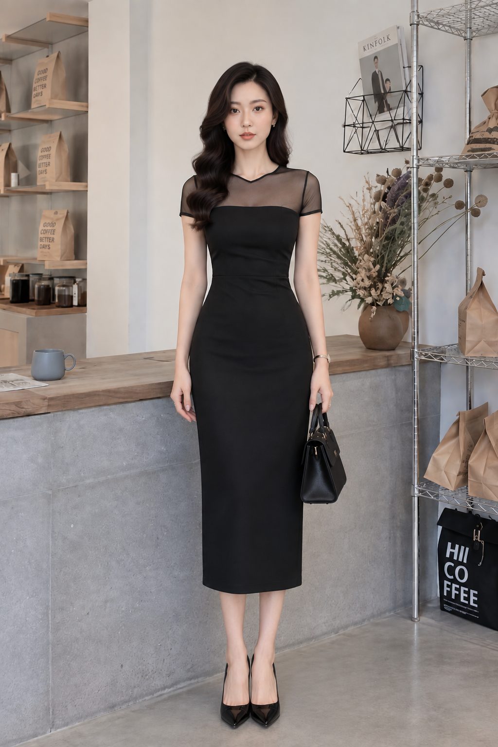 Đầm Đen Ôm Body Phối Lưới Ngực Tay Ngắn Quyến Rũ, DK8911 - Ảnh 4