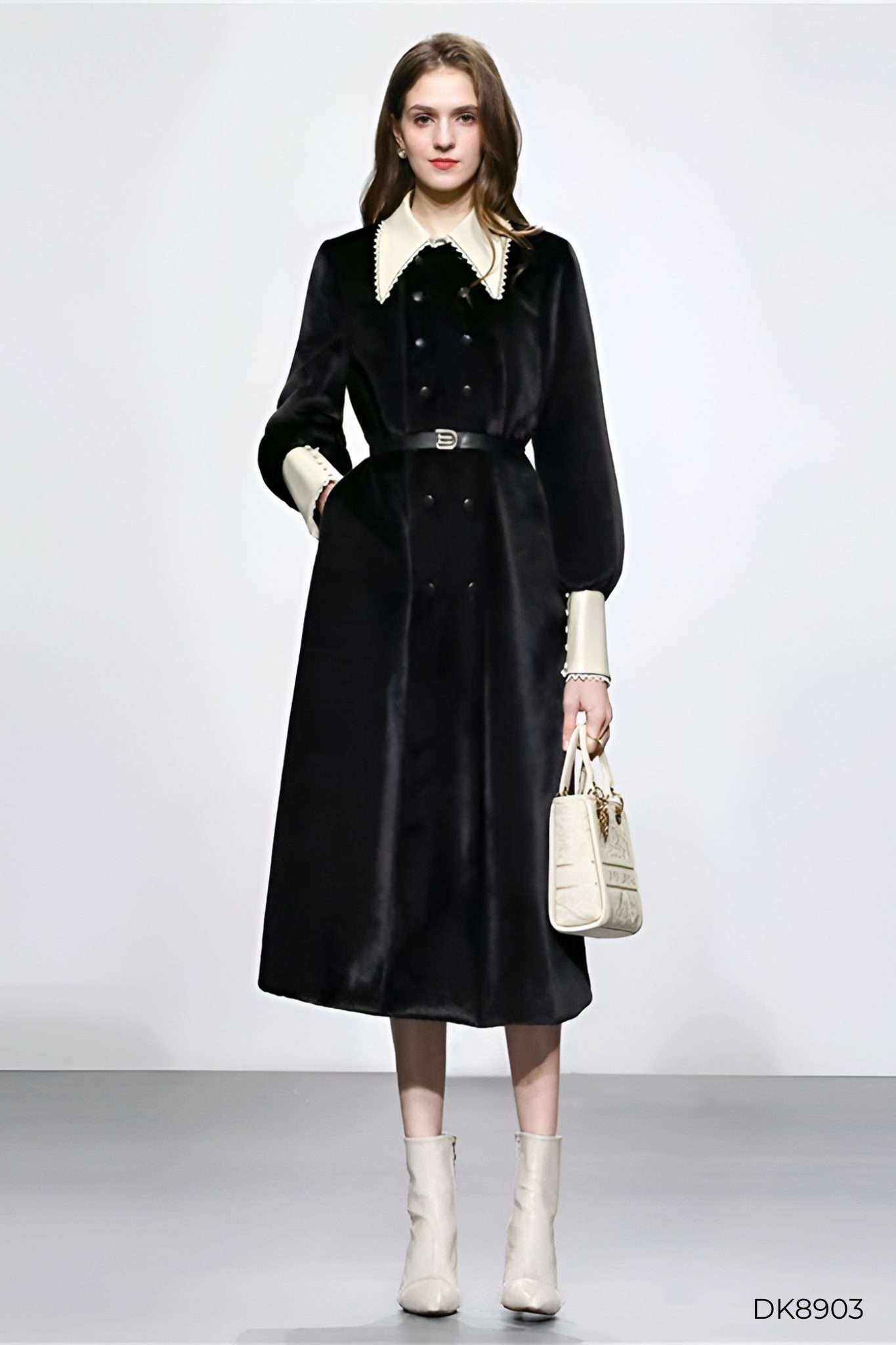 Đầm Dáng Midi Cổ Trắng Phối Tay Bồng Sang Trọng GEMMI, DK8903 (không kèm thắt lưng)