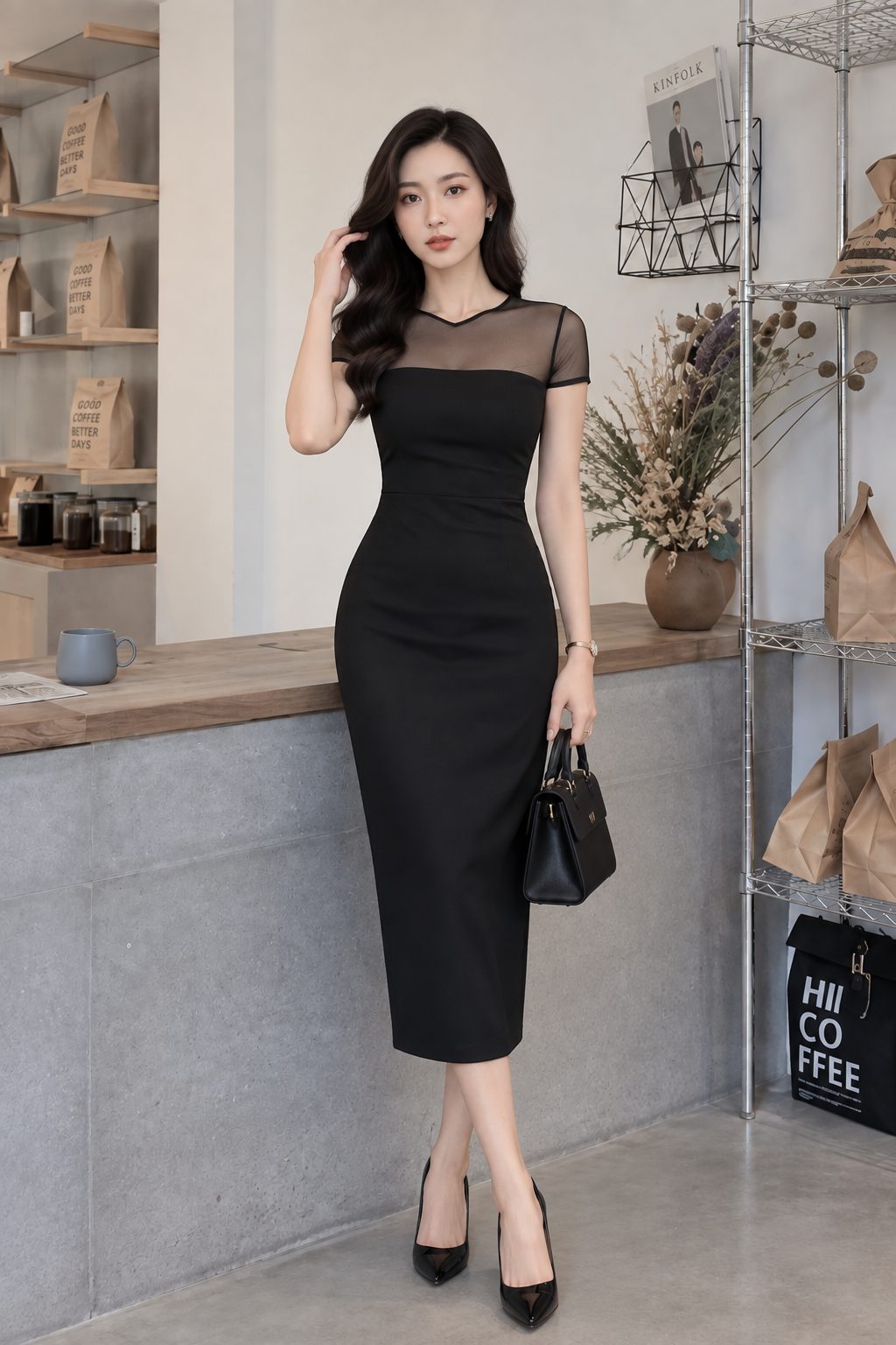 Đầm Đen Ôm Body Phối Lưới Ngực Tay Ngắn Quyến Rũ, DK8911 - Ảnh 3