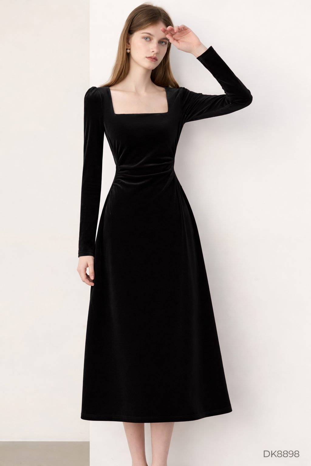 Đầm Nhung Dự Tiệc Cổ Vuông Dáng Midi Tay Dài Sang Trọng GEMMI, DK8898 - Ảnh 5