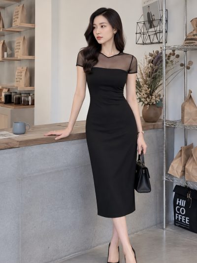 Đầm Đen Ôm Body Phối Lưới Ngực Tay Ngắn Quyến Rũ, DK8911