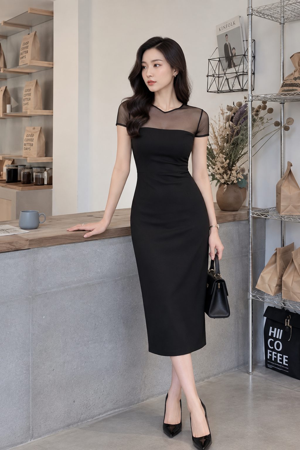 Đầm Đen Ôm Body Phối Lưới Ngực Tay Ngắn Quyến Rũ, DK8911