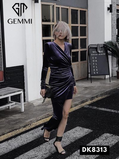 Đầm nhung tím sale hàng lẻ size DK8313