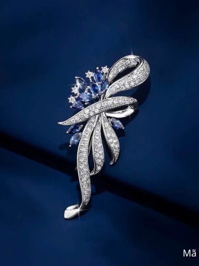 Trâm cài áo vest hoa nơ bạc duyên dáng đính đá zircon cao cấp, TC15