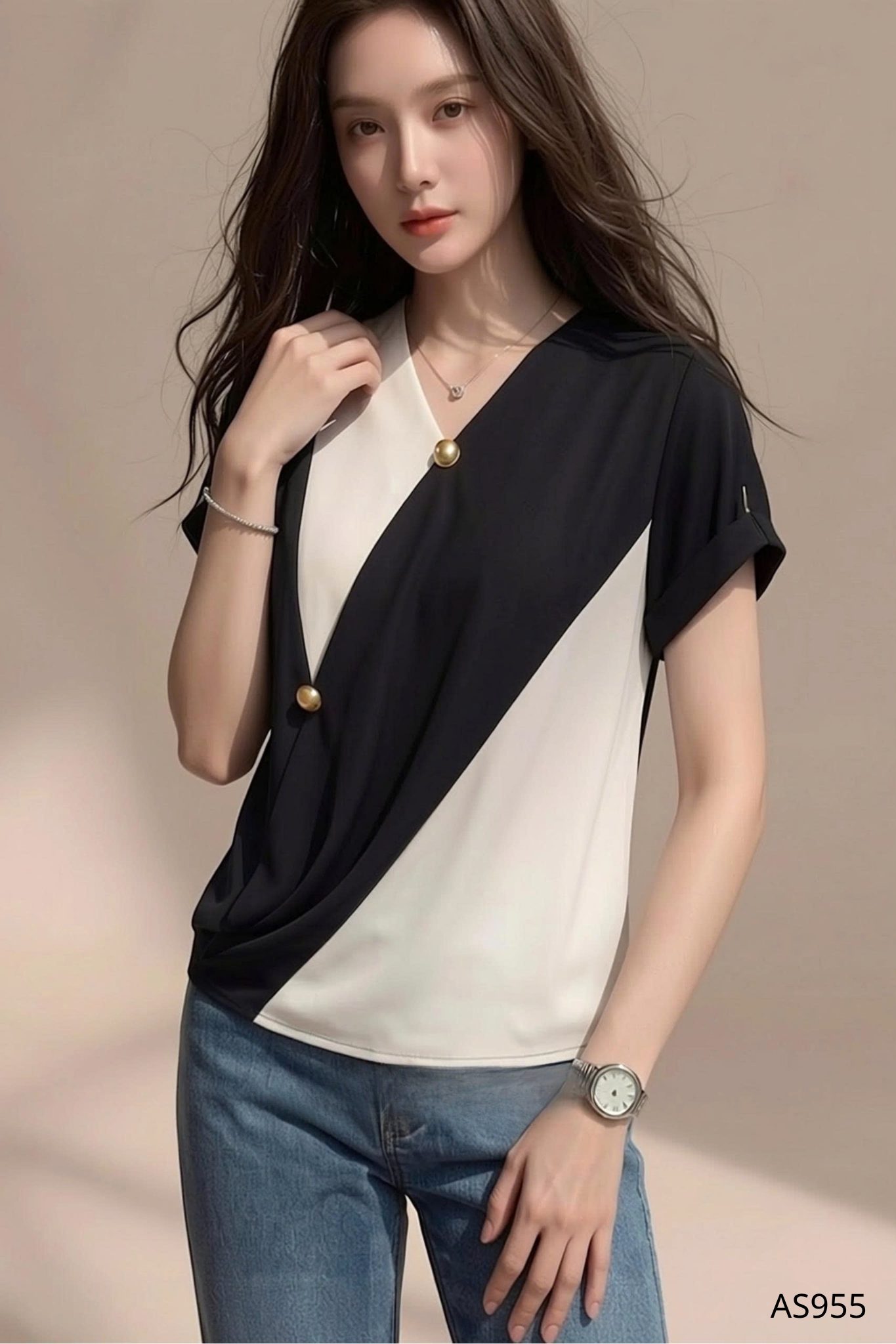 Áo Cổ V Phối Màu Tinh Tế - AS955 - Ảnh 2