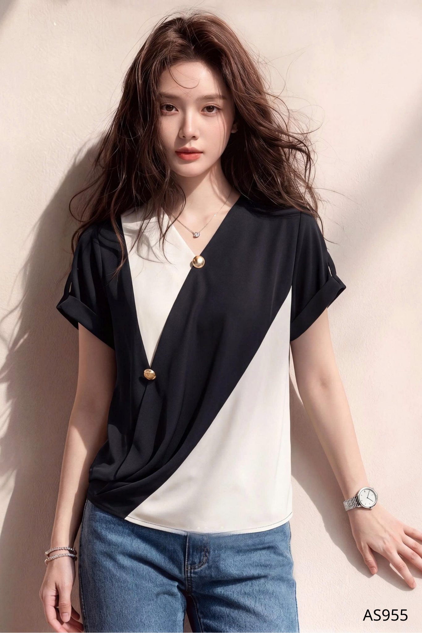 Áo Cổ V Phối Màu Tinh Tế - AS955