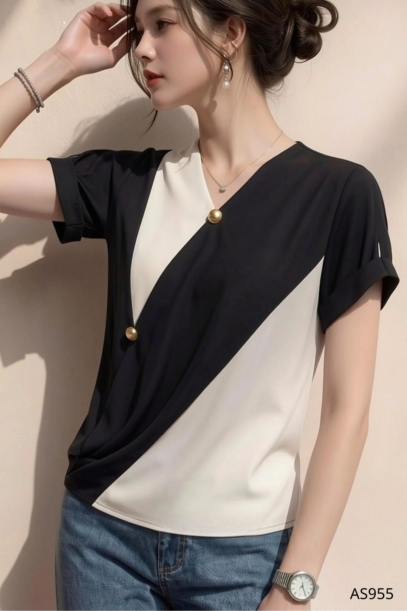 Áo Cổ V Phối Màu Tinh Tế - AS955 - Ảnh 5