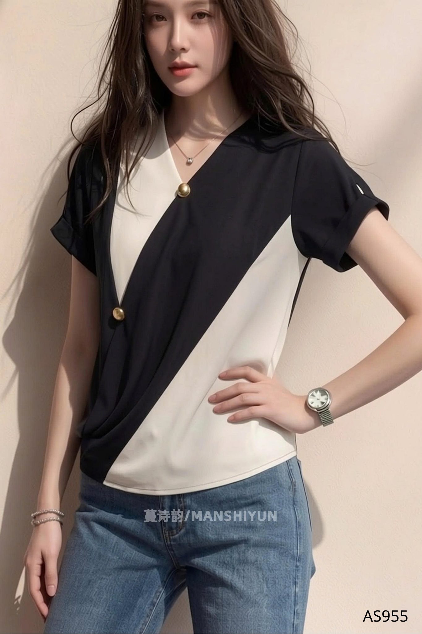 Áo Cổ V Phối Màu Tinh Tế - AS955 - Ảnh 4