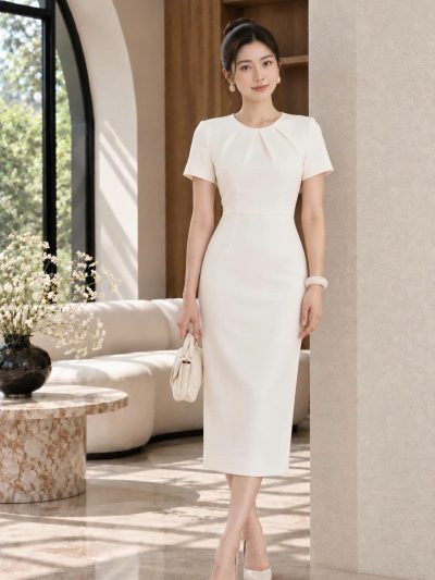 Đầm Midi Trắng Thiết Kế Nhún Cổ Thanh Lịch - DK9197