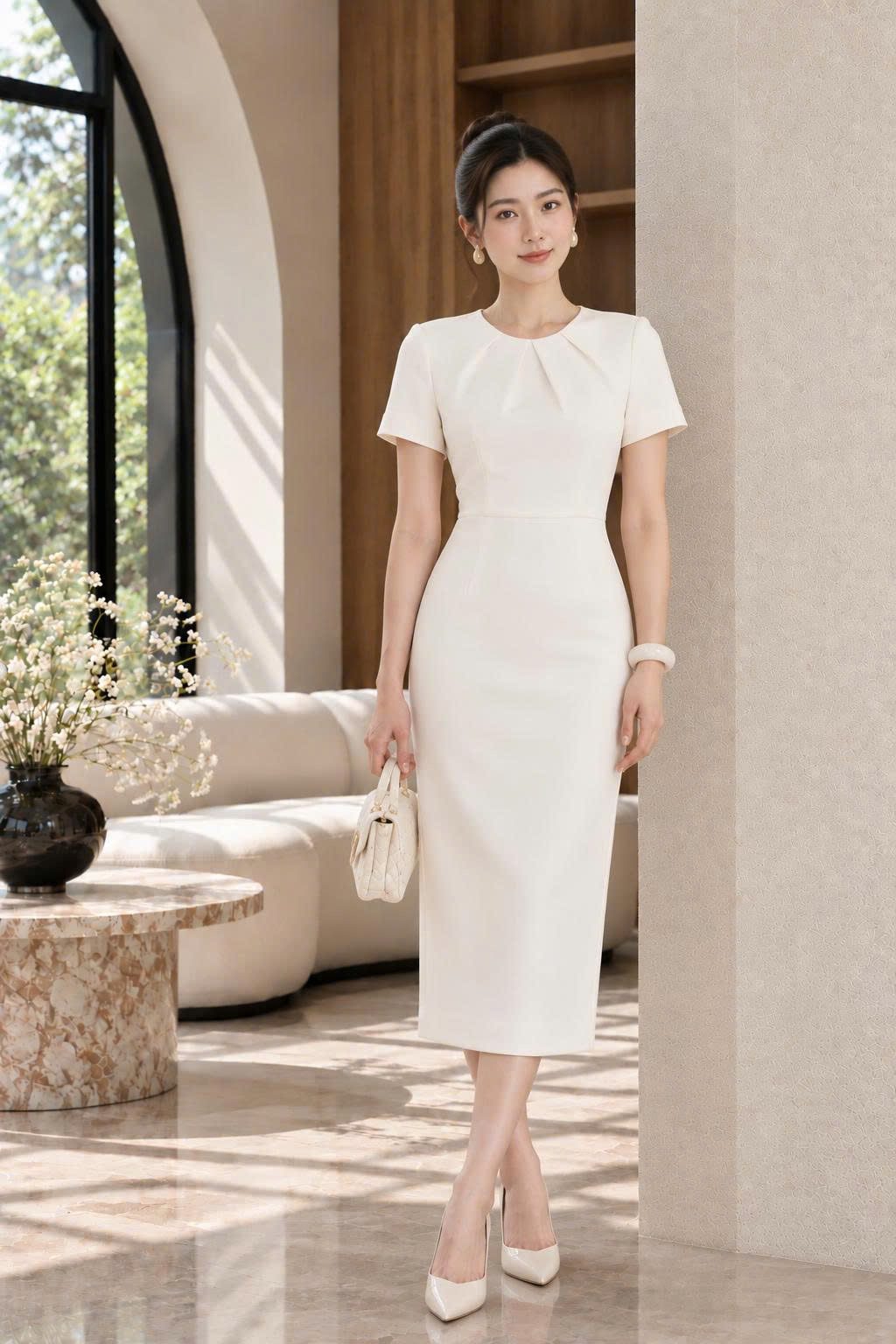 Đầm Midi Trắng Thiết Kế Nhún Cổ Thanh Lịch - DK9197