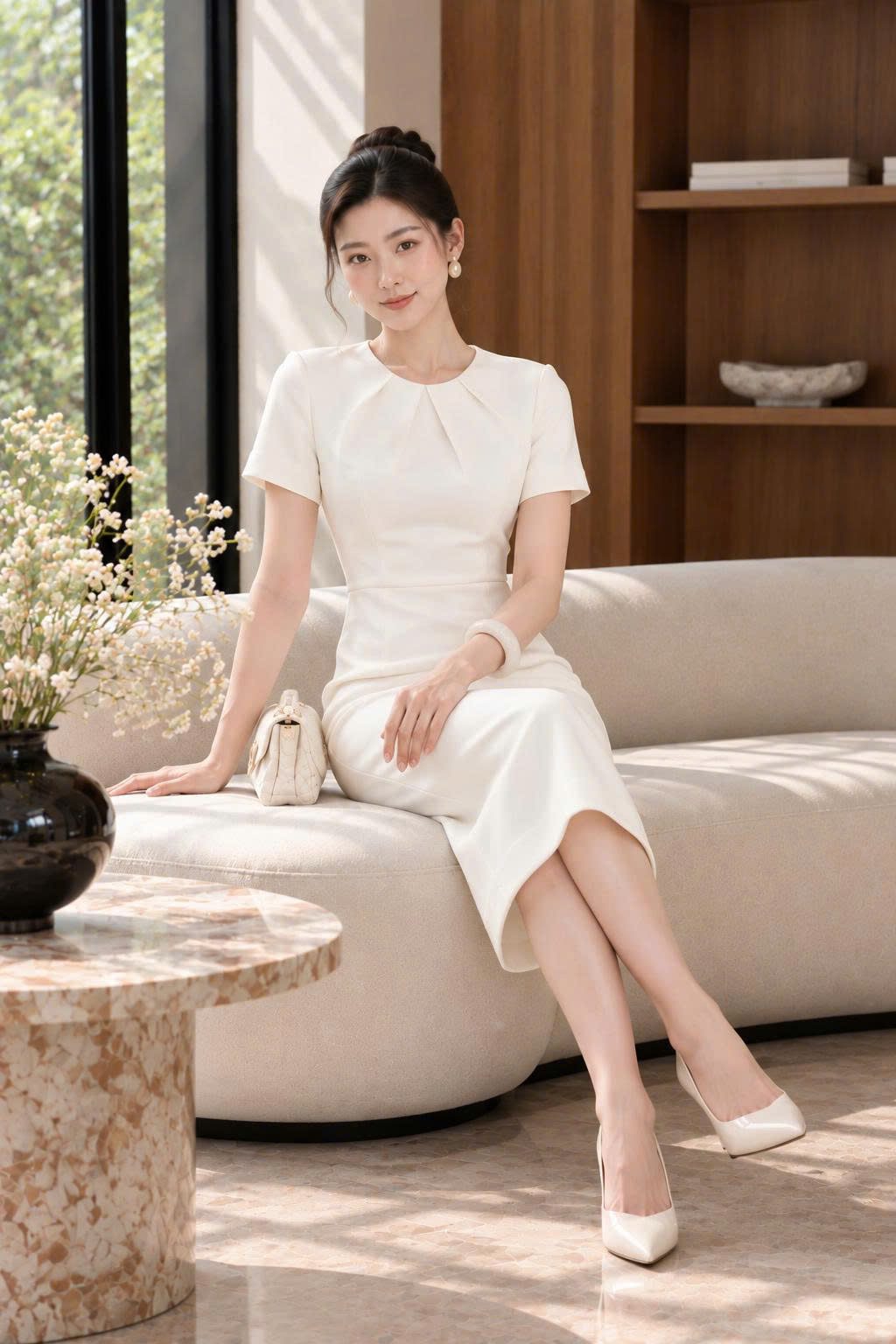 Đầm Midi Trắng Thiết Kế Nhún Cổ Thanh Lịch - DK9197 - Ảnh 3