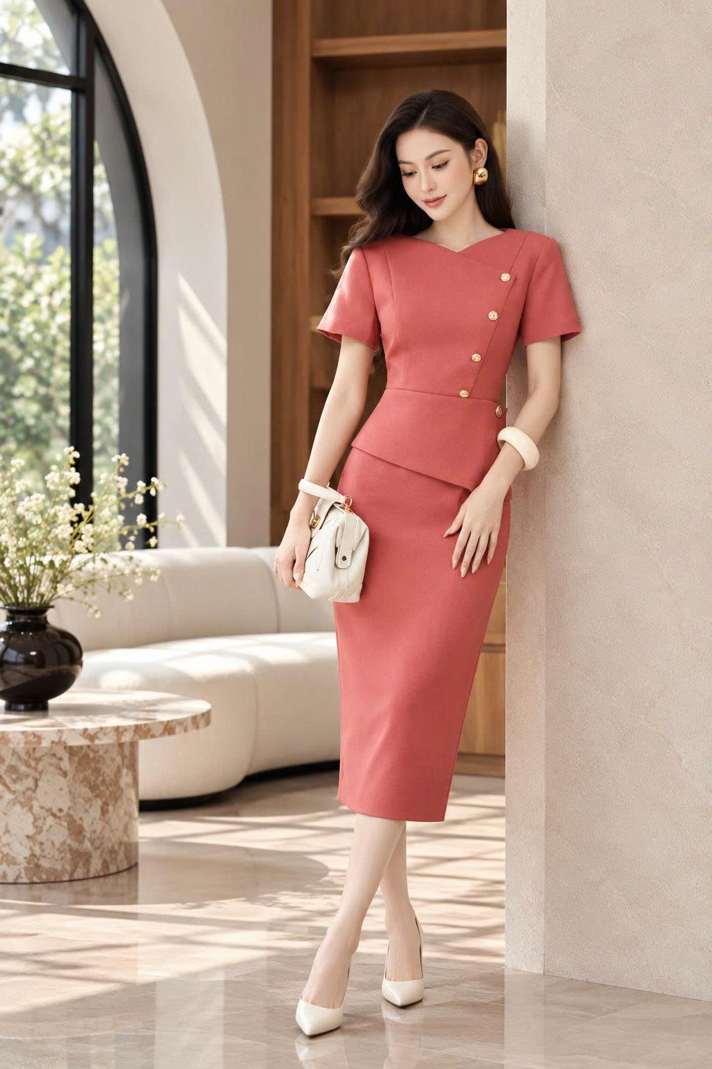 Đầm Midi Thiết Kế Đính Khuy Lệch Thanh Lịch - DK9198 - Ảnh 2