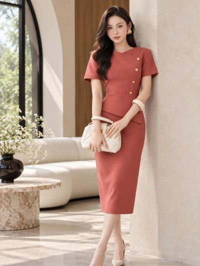 Đầm Midi Thiết Kế Đính Khuy Lệch Thanh Lịch - DK9198