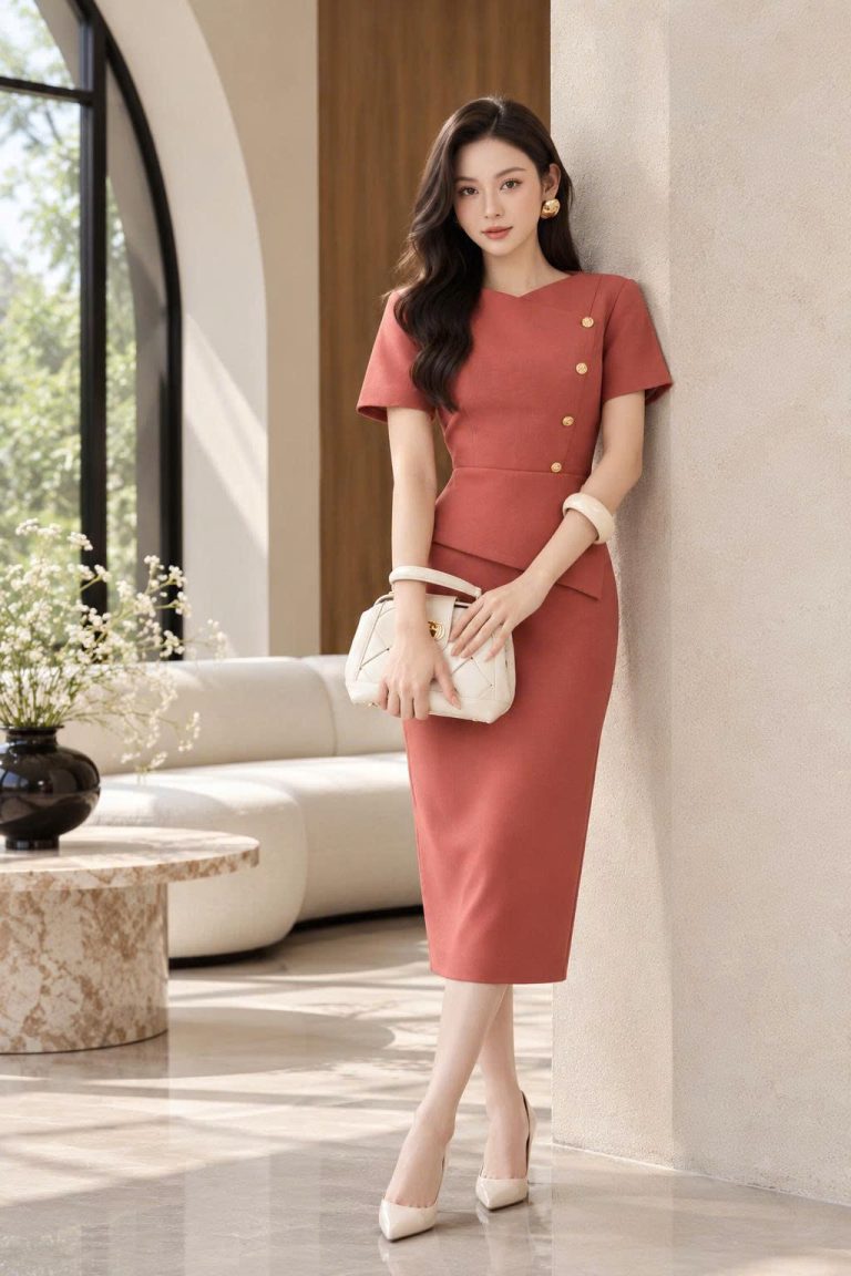Đầm Midi Thiết Kế Đính Khuy Lệch Thanh Lịch - DK9198