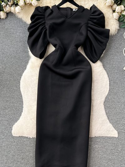 Đầm Dạ Hội Đen Cổ V Tay Phồng Tôn Dáng, DK8752
