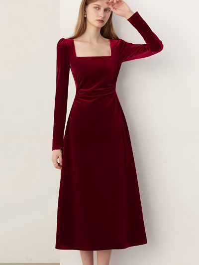 Đầm Thiết Kế Nhung Cổ Vuông Dáng Dài Dự Tiệc, DK8898