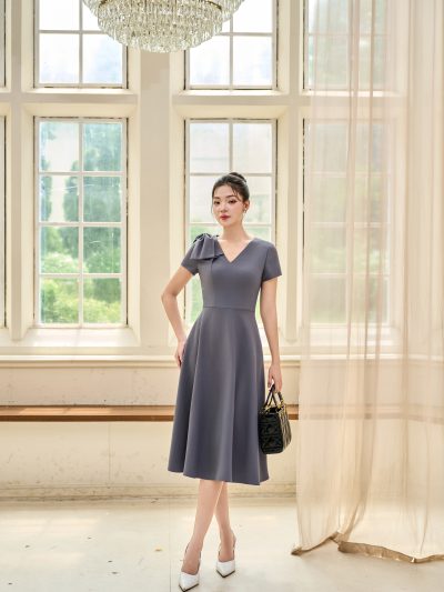 Đầm Xòe Xám Cổ V Điểm Nơ Tiểu Thư, DK8849