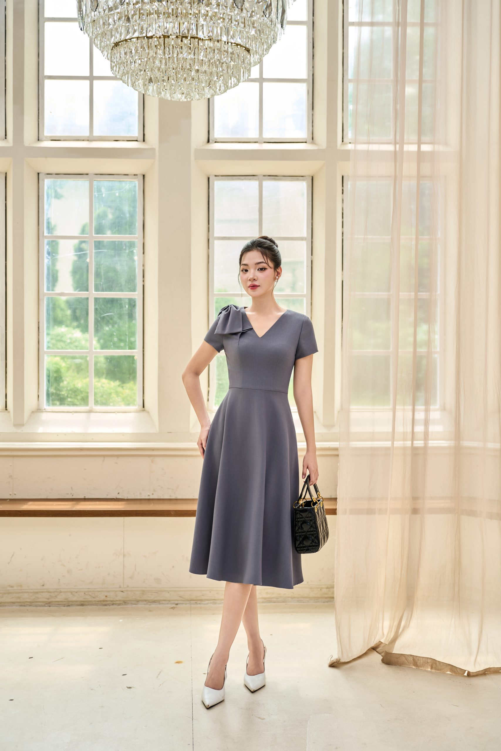 Đầm Xòe Xám Cổ V Điểm Nơ Tiểu Thư, DK8849