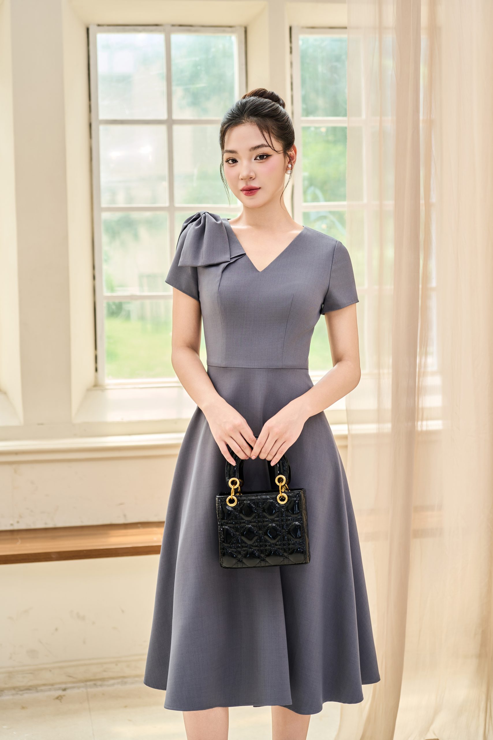 Đầm Xòe Xám Cổ V Điểm Nơ Tiểu Thư, DK8849 - Ảnh 2