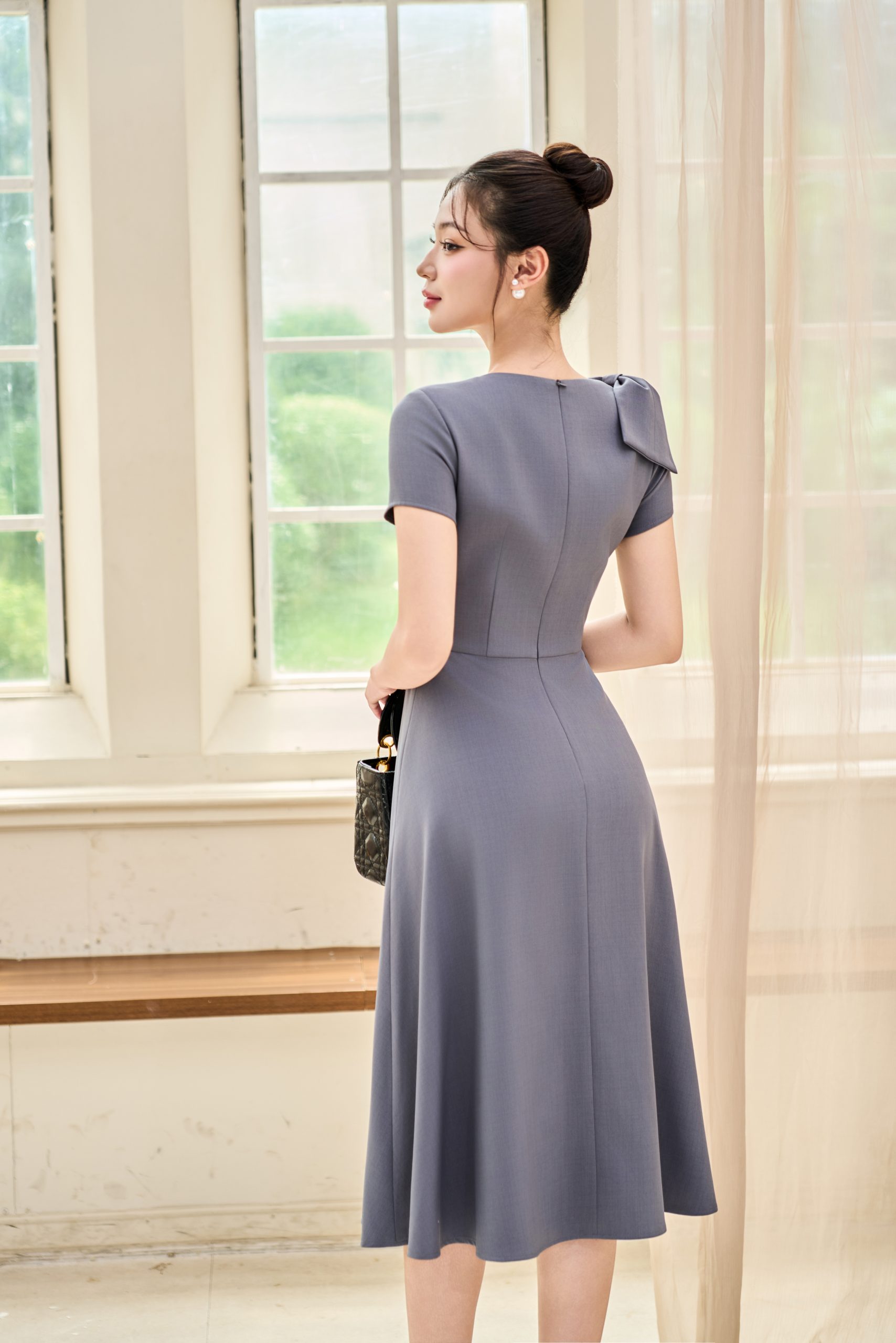 Đầm Xòe Xám Cổ V Điểm Nơ Tiểu Thư, DK8849 - Ảnh 4