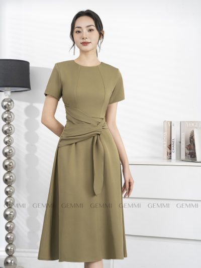 Đầm Dáng A Cổ Tròn Xoắn Eo Cao Cấp, DK8731