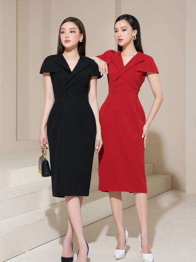 Đầm Midi Ôm Body Cổ V Xếp Lớp, DK8486