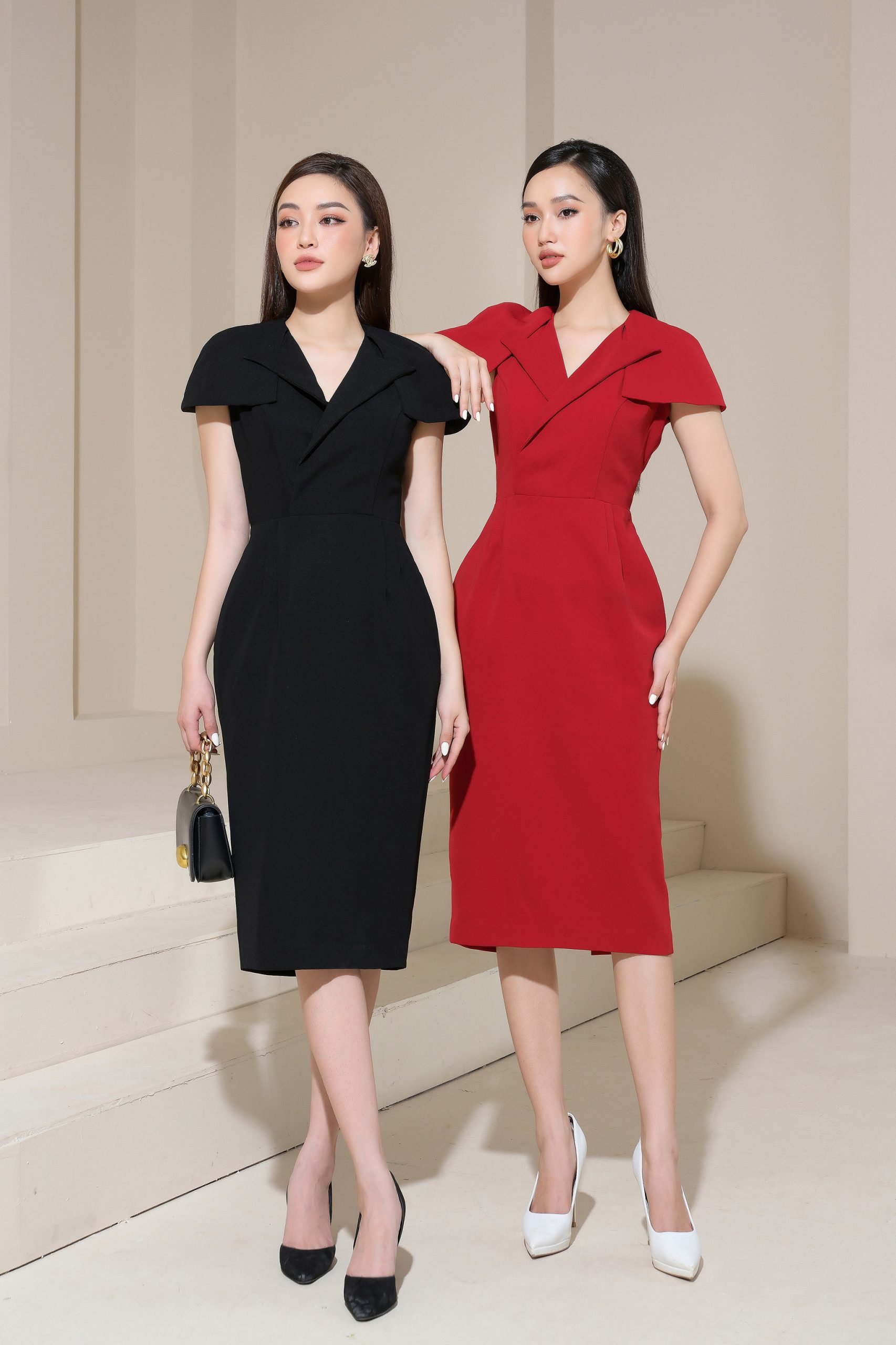 Đầm Midi Ôm Body Cổ V Xếp Lớp, DK8486
