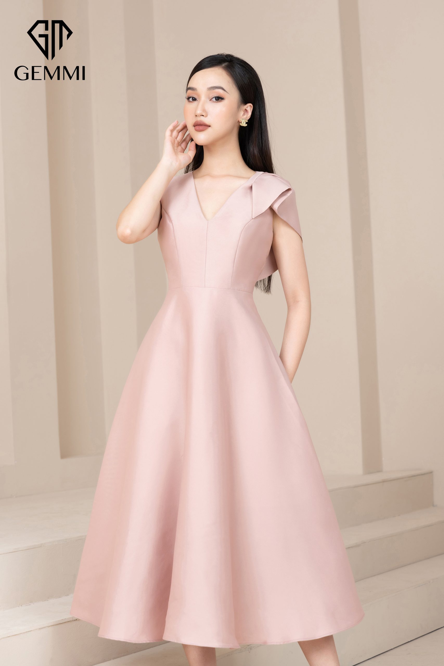 Đầm Xòe Dự Tiệc Hồng Cổ V Cách Điệu, DK8475 - Ảnh 2